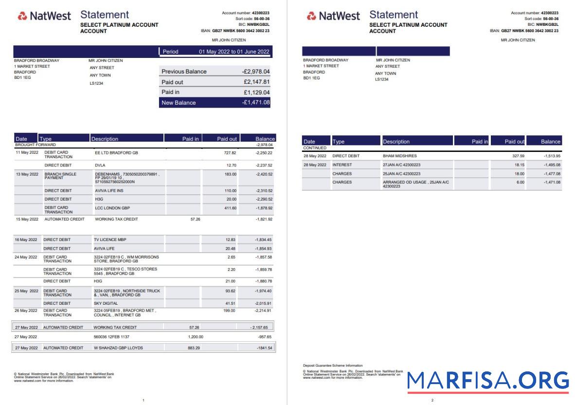 Downloadable United Kingdom Natwest bank statement word 2 pages, version 2 template